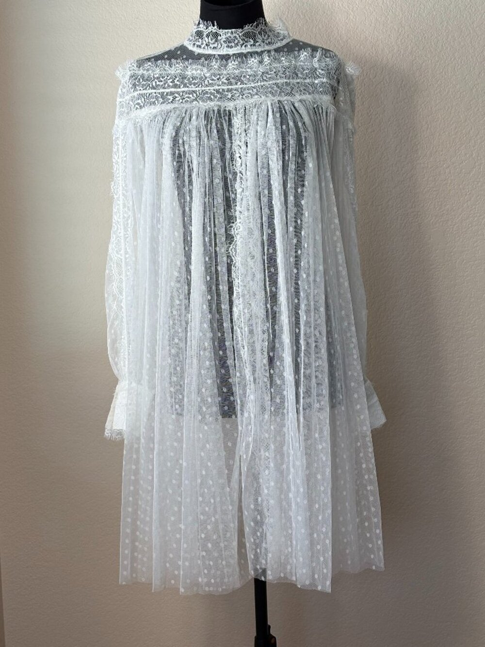 INA White Swiss Dot Lace Victorian Romantic Sheer Mini Dress S Mock Neck Cottage